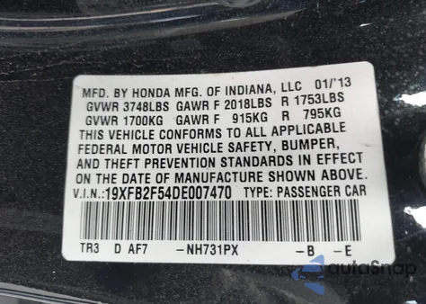 2013 Honda Civic Lx из США, поврежденный, VIN 19XFB2F54DE007470